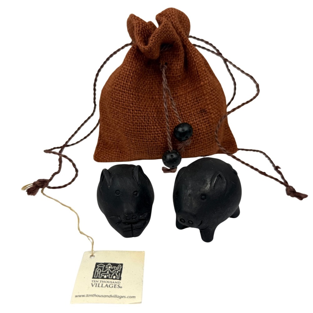 Ten Thousand Villages Black Clay Animal Figurines Pig Cat Handcrafted w/ Bag
